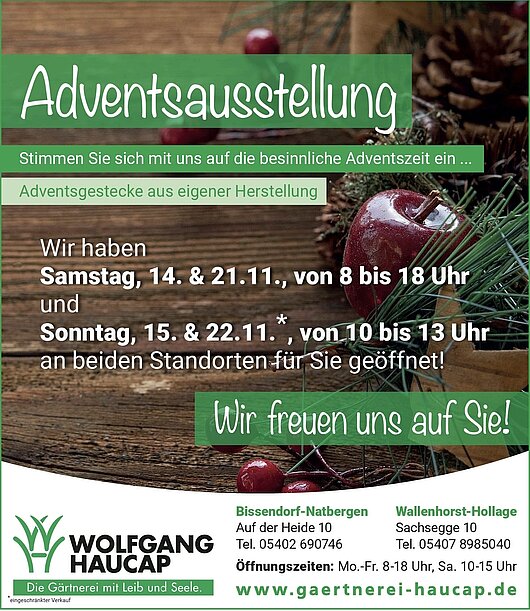 Anzeige Adventsausstellung 2026 der Gärtnerei Haucap